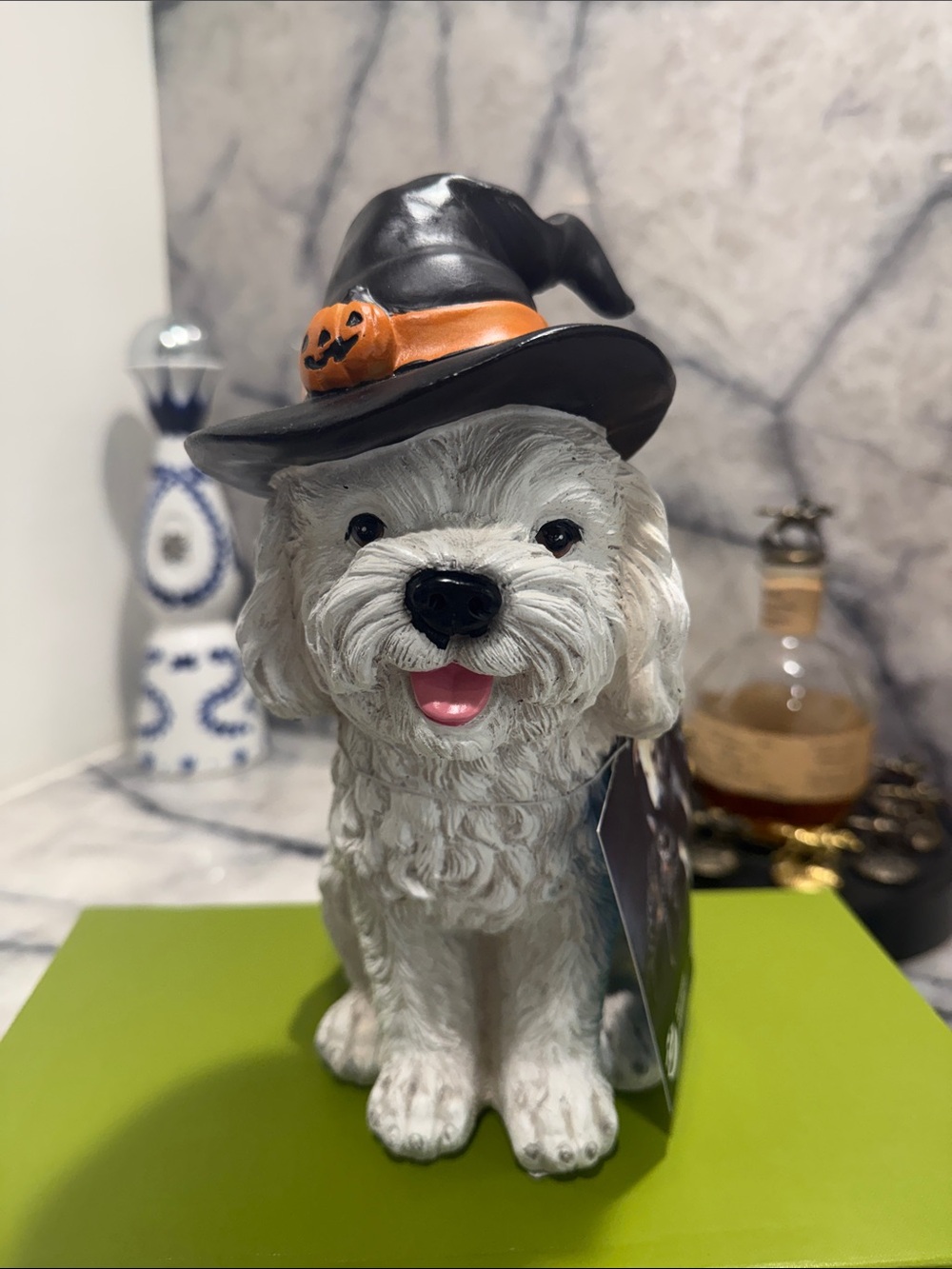 Halloween Puppy Figurine (Maltese or Shitzu) with Witch Hat - NWT 10inches tall